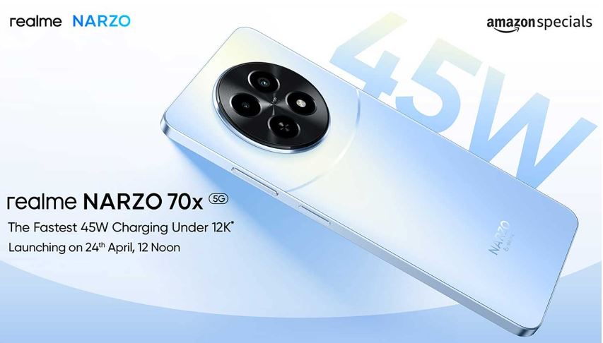 Realme Narzo 70x, Android smartphone, Launching on 24th April. 120Hz AMOLED Display, 43W fast charging. IP54 water and dust rating.
